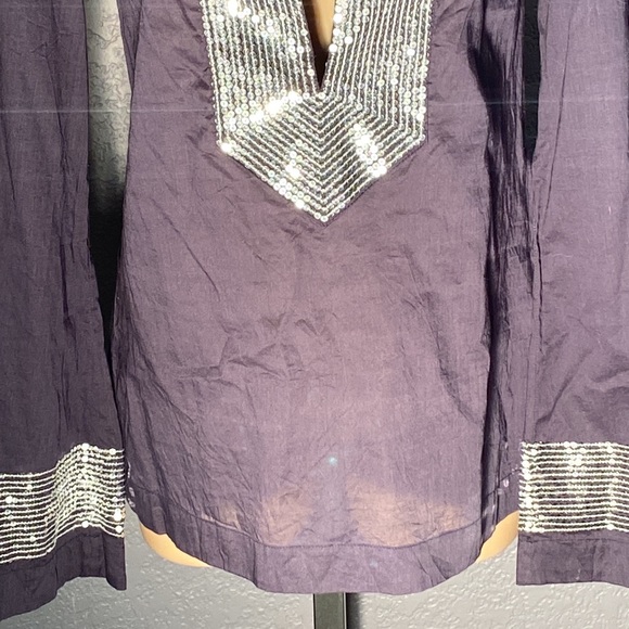 TORY BURCH - l/s dark blue tunic: silver sequins on neck & cuffs, hip slits - 8 - Picture 4 of 16